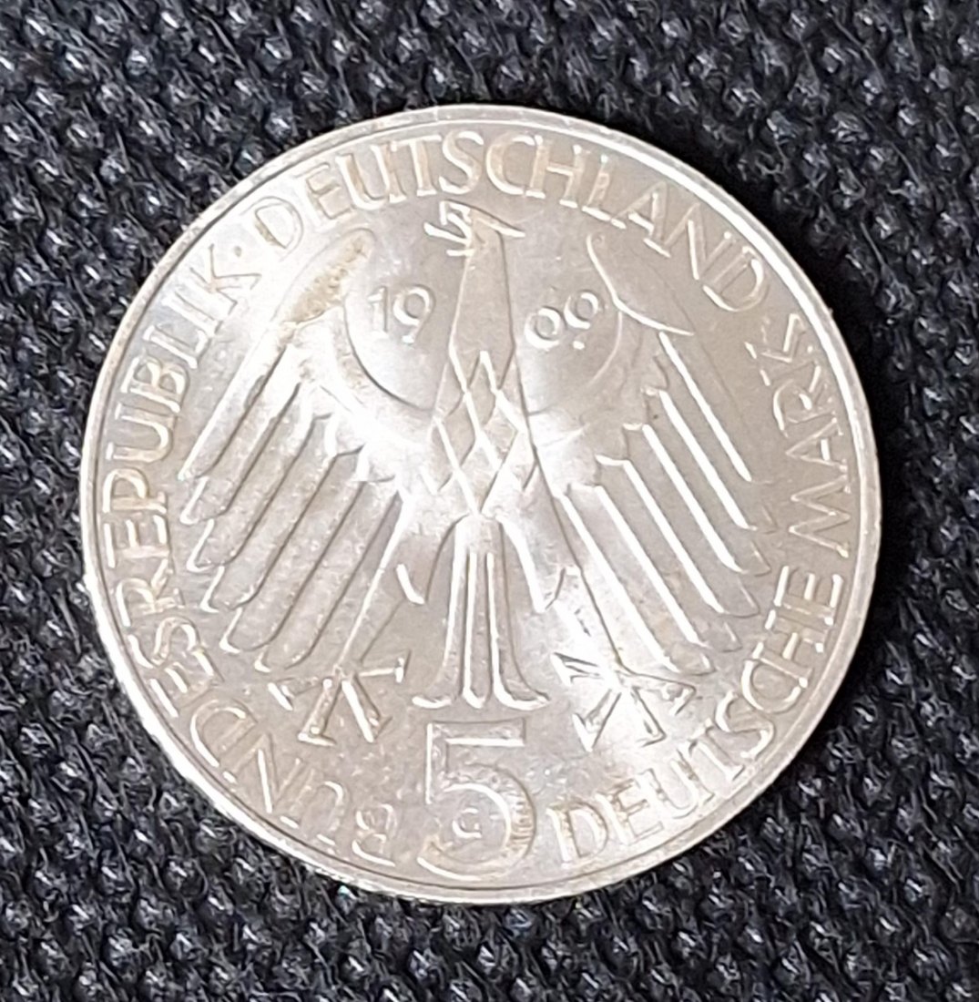 Silber Gedenkmünze BRD: 5 DM 1969 G, Fontane, Feingewicht 7 Gramm   
