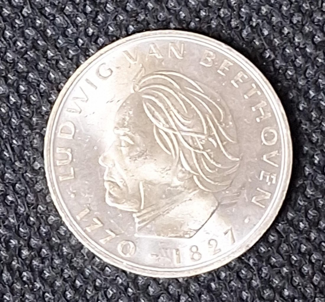  Silber-Gedenkmünze BRD: 5 DM 1970 F, Beethoven, Feingewicht 7,0 Gramm Silber   