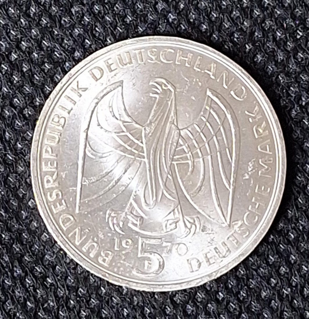  Silber-Gedenkmünze BRD: 5 DM 1970 F, Beethoven, Feingewicht 7,0 Gramm Silber   