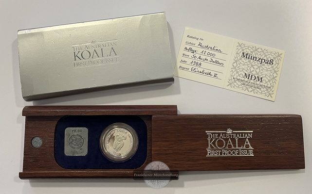  Australien 50 Dollar 1988 Koala 1/2 Oz Platin im Originaletui FM-Frankfurt Feingewicht: 15,6g   