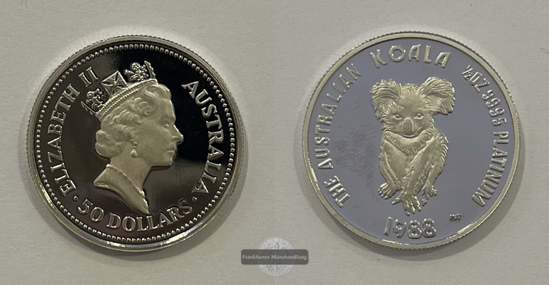  Australien 50 Dollar 1988 Koala 1/2 Oz Platin im Originaletui FM-Frankfurt Feingewicht: 15,6g   