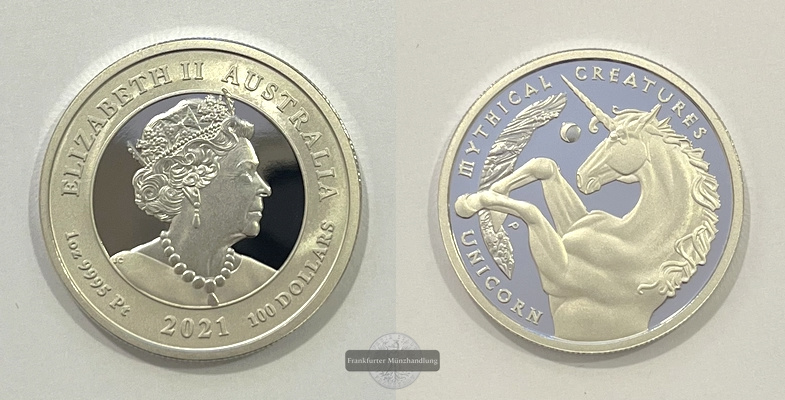  Australien 100 Dollar 2021 Unicorn Mythical Creatures 1 Oz Platin FM-Frankfurt Feingewicht: 31,1g   