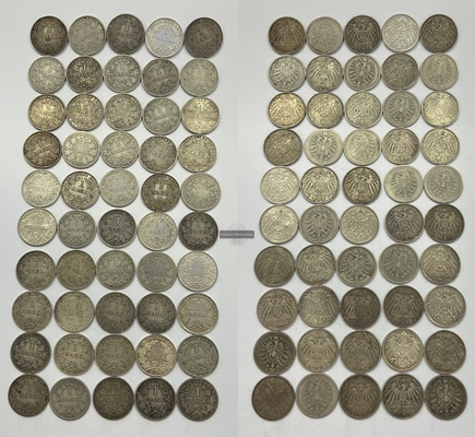  Dt. Kaiserreich 50x 1 Mark Silbermünzen div. Jg. FM-Frankfurt Feinsilber: 247g   