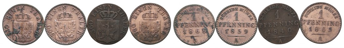  Altdeutschland; 4 Kleinmünzen (1 Pfennig 1868/1959/1840/1865)   