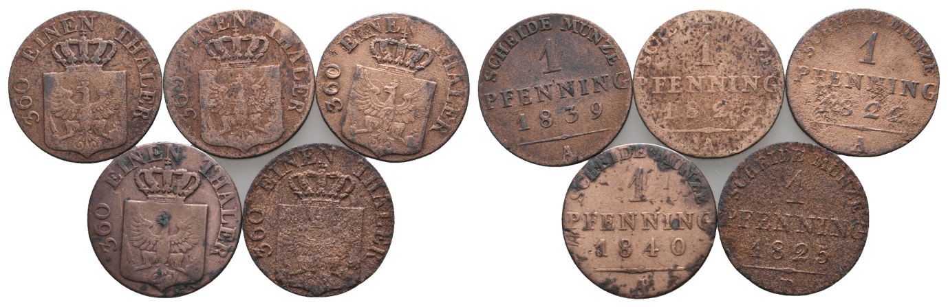  Altdeutschland; 5 Kleinmünzen (1 Pfennig 1839/1825/1822/1840/1825)   