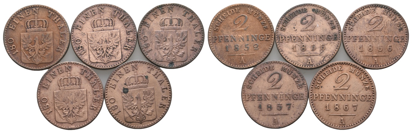  Altdeutschland; 5 Kleinmünzen (2 Pfennig 1852/1856/1866/1857/1867)   