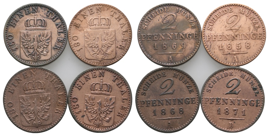  Altdeutschland; 4 Kleinmünzen (2 Pfennig 1869/1858/1868/1871)   
