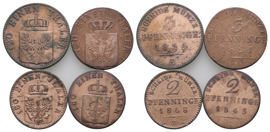  Altdeutschland; 4 Kleinmünzen 1854/1821/1868/1845   