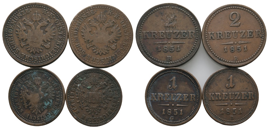  Österreich, 4 Kupfermünzen 1851   
