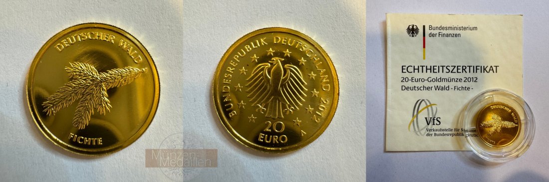  Deutschland Deutscher Wald 20-Euro Goldmünze Fichte 2012 MM-Frankfurt Feingold: 3,89g   