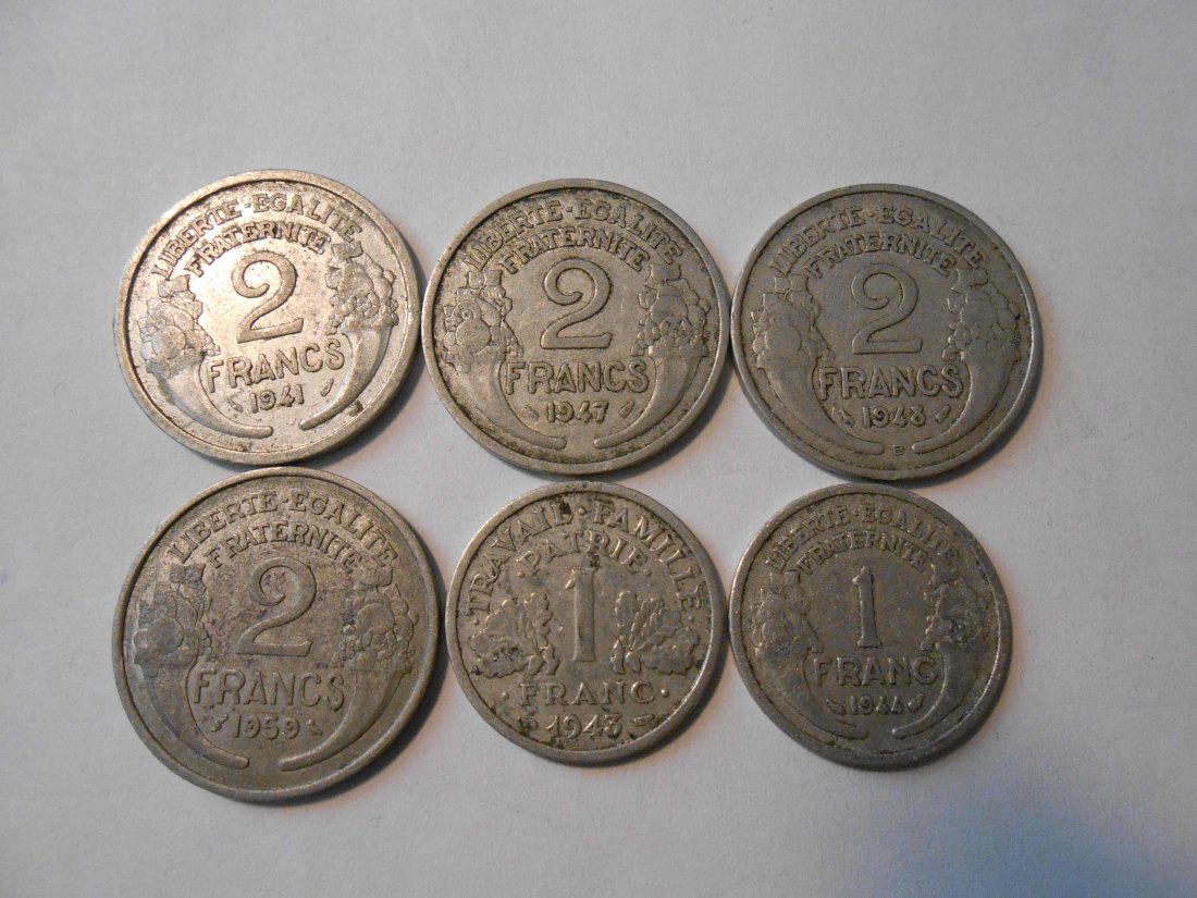  #L15 Frankreich 6er Lot < 1 Franc / 2 Francs   