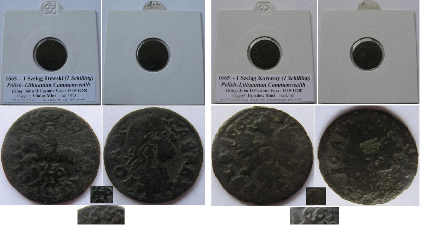  1665, Polish–Lithuanian Commonwealth,set 2 pcs:1 schilling (szeląg) crown/lithuanian   