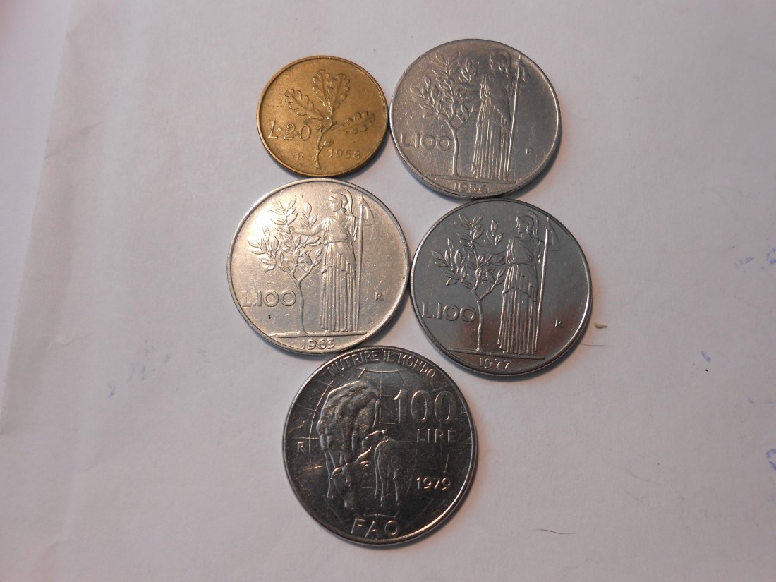  #L21 Italien 5er Lot < 20 Lire 1958 / 100 Lire 1956 1963 1977 / 100 Lire 1979(Gedenkmünze FAO)   