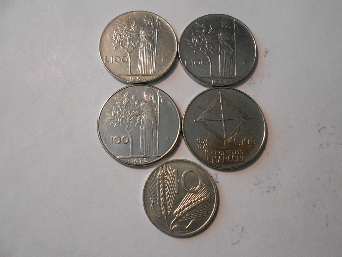  #L22 Italien 5er Lot < 10 Lire 1980 / 100 Lire 1957 1968 1973 / 100 Lire 1974(Gedenkmünze Marconi   