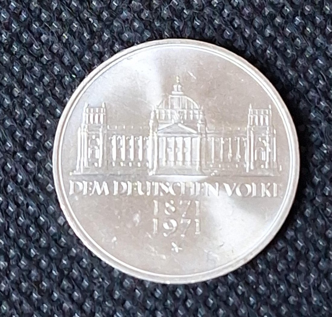  Silber Gedenkmünze BRD: 5 DM 1971 G, 100 Jahre Reichsgründung, Feingewicht 7,0 Gramm Silber   