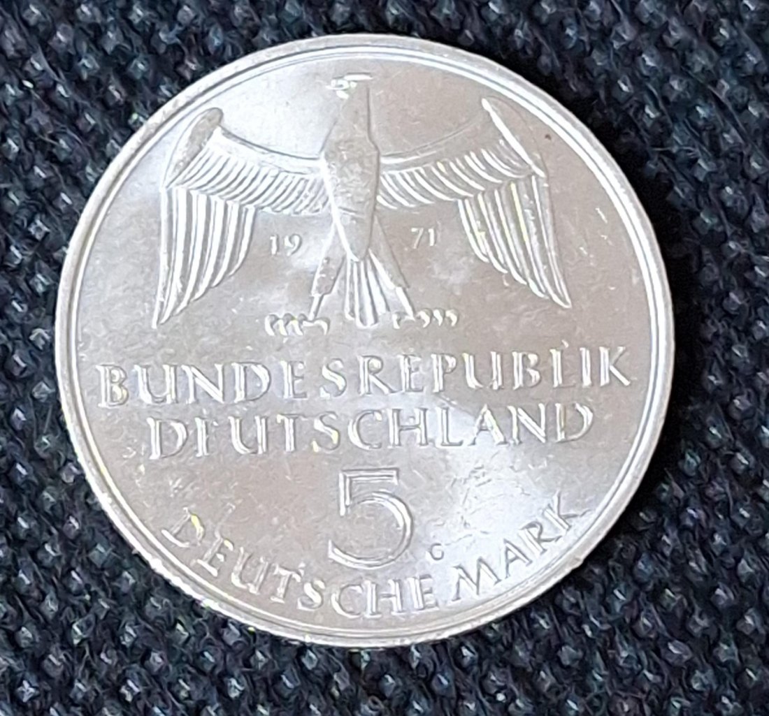  Silber Gedenkmünze BRD: 5 DM 1971 G, 100 Jahre Reichsgründung, Feingewicht 7,0 Gramm Silber   
