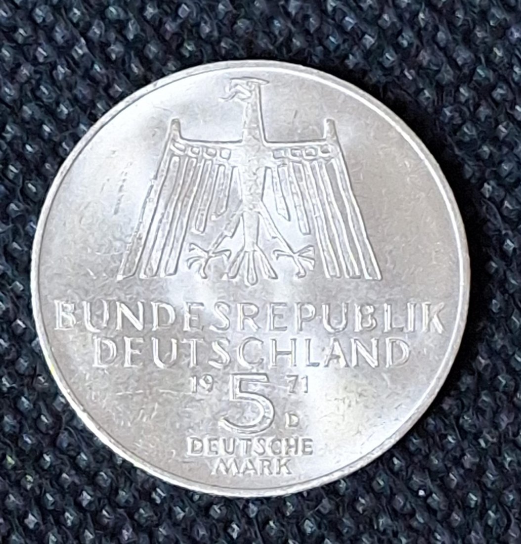  Silber Gedenkmünze BRD: 5 DM 1971 D, Albrecht Dürer, Feingewicht 7,0 Gramm Silber   