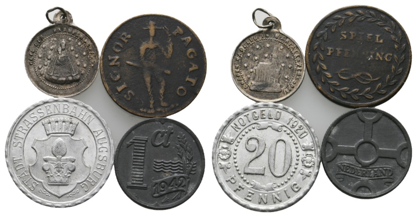  4 Kleinmünzen; Niederlande; Straßenbahn Augsburg; Spielpfnnig; Marienbergdorf   