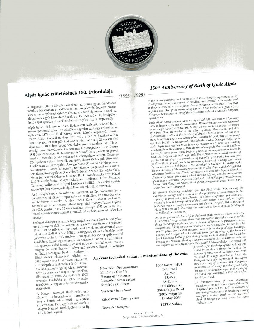  5000 Forint 2003 Ignac Alpar PP + Zertifikat 1 Unze Silber   