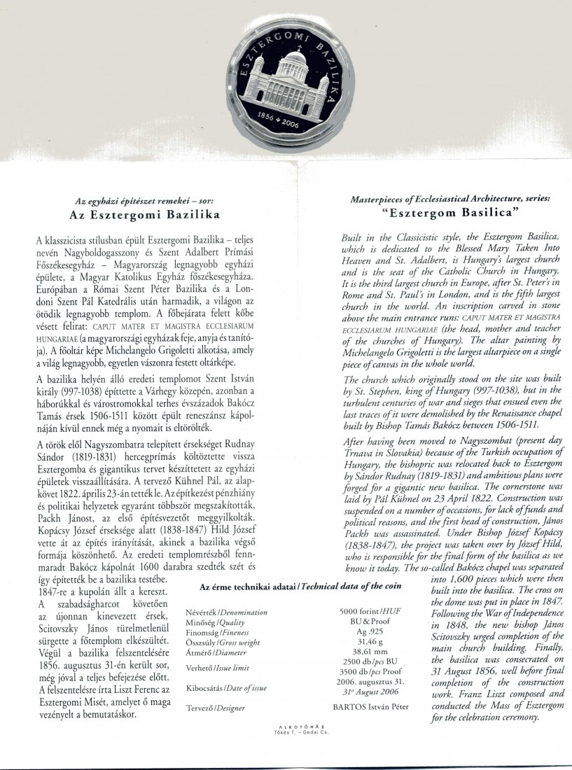  5000 Forint 2006 Bazilika Esztergomi PP + Zertifikat 1 Unze Silber sehr selten !!   