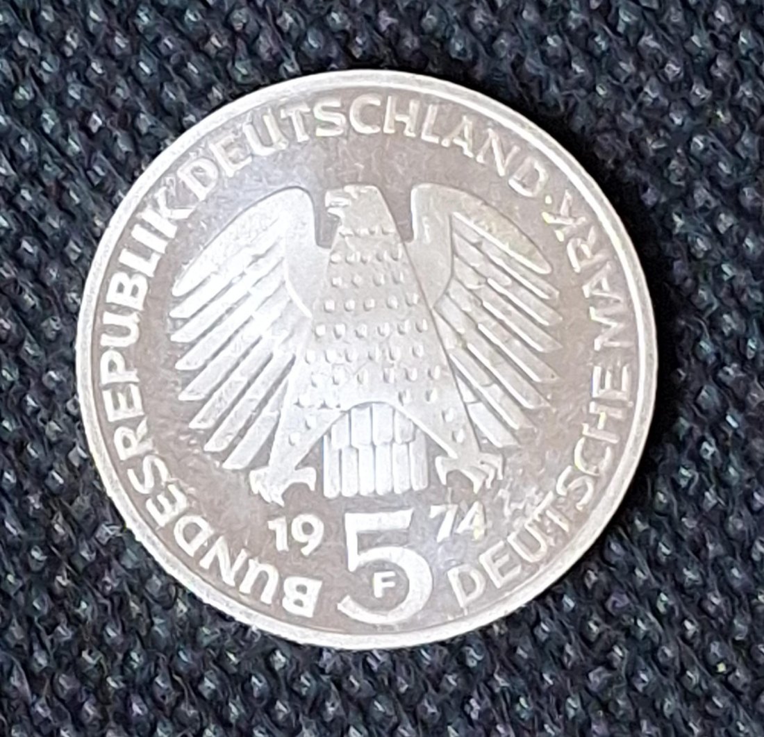  Silber Gedenkmünze BRD: 5 DM 1974 F, Grundgesetz, Feingewicht 7,0 Gramm Silber   