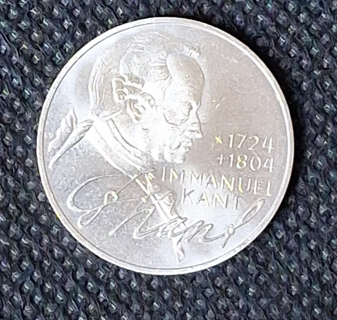  Silber Gedenkmünze BRD: 5 DM 1974 D, Kant, Feingewicht 7,0 Gramm Silber   