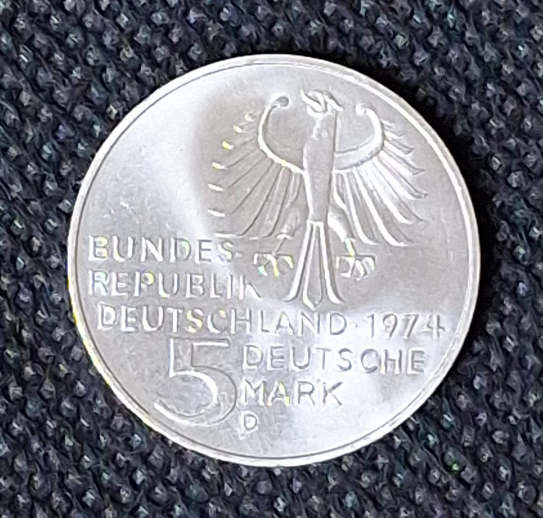  Silber Gedenkmünze BRD: 5 DM 1974 D, Kant, Feingewicht 7,0 Gramm Silber   