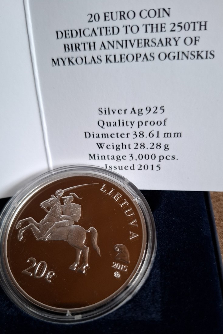  Litauen 20 Euro Silber proof 2015 zum 250. Geburtstag von Mykolas Kleopas Oginskis, Auflage 3.000   