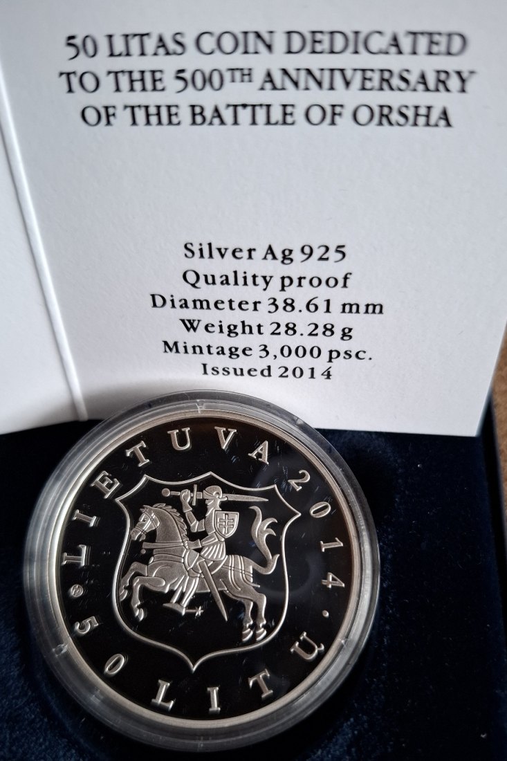  Litauen 50 Litu Silber proof 2014 zu 500 Jahre Schlacht von Orsha, Auflage 3.000   