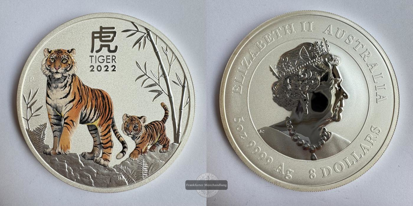  Australien / 8 Dollar Jahr des Tigers 2022 Coloured FM-Frankfurt Feinsilber: 155,5g   