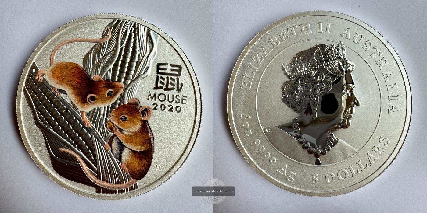  Australien / 8 Dollar Jahr der Maus 2020 (Coloured) FM-Frankfurt Feinsilber: 155,5g   