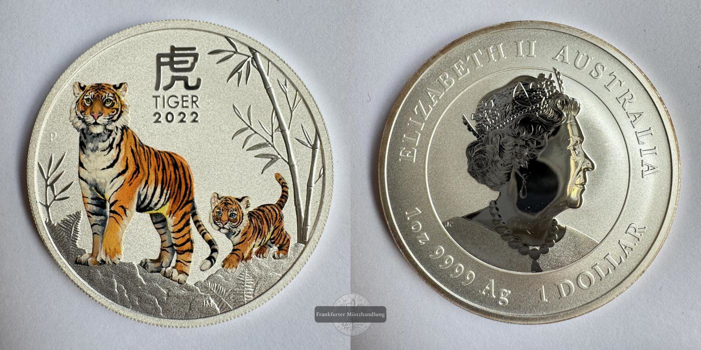  Australien / 1 Dollar (Year of the Tiger; Coloured) 2022 FM-Frankfurt KM#4362 Feinsilber: 31,1g   