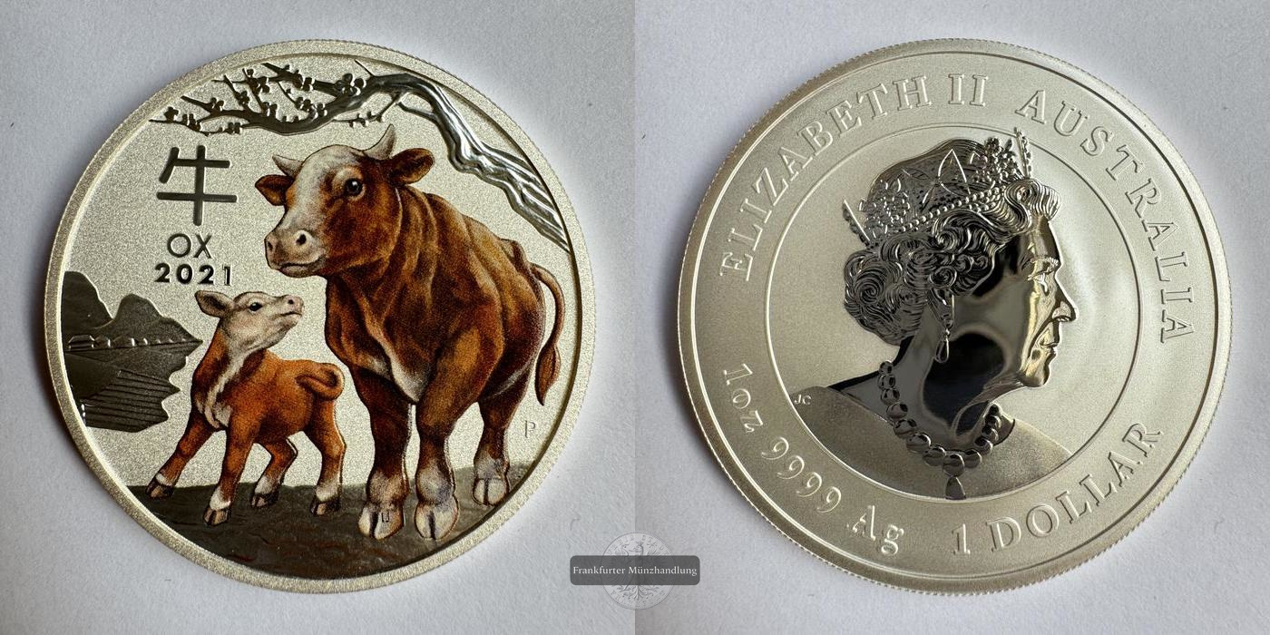  Australien / 1 Dollar 2021 Jahr des Ochsen/Ox (Coloured) FM-Frankfurt KM#4145.1 Feinsilber: 31,1g   