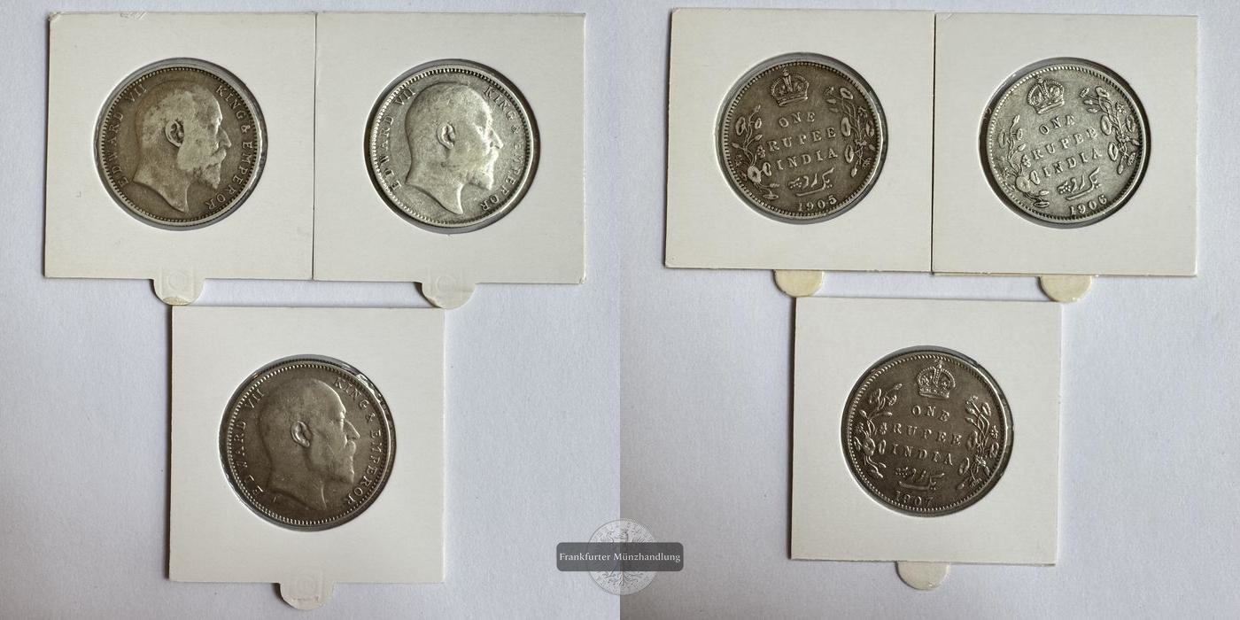  Indien / 3x 1 Rupee Edward VII 1905/06/07 FM-Frankfurt KM#508 Feinsilber: 32,1g   