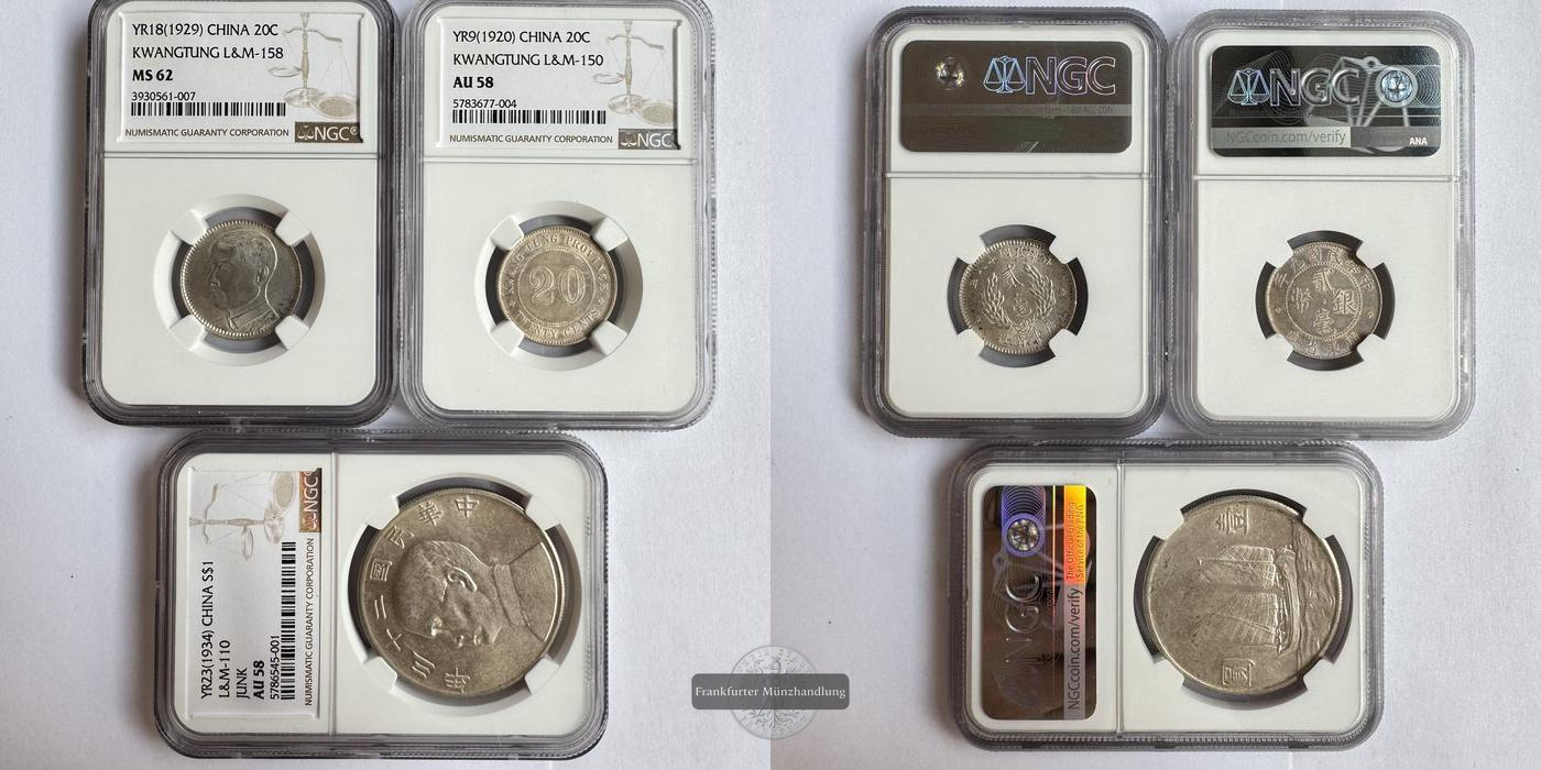  Lot: China / 2x 2 Jiao 1920/29 & 1 Yuan 1934 NGC Graded FM-Frankfurt Feinsilber: ca. 28,8g   