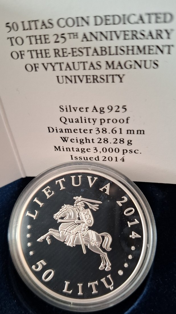  Litauen 50 Litu Silber 2014 zu 25 Jahre Wiedereröffnung der Vytautas Magnus Universität   