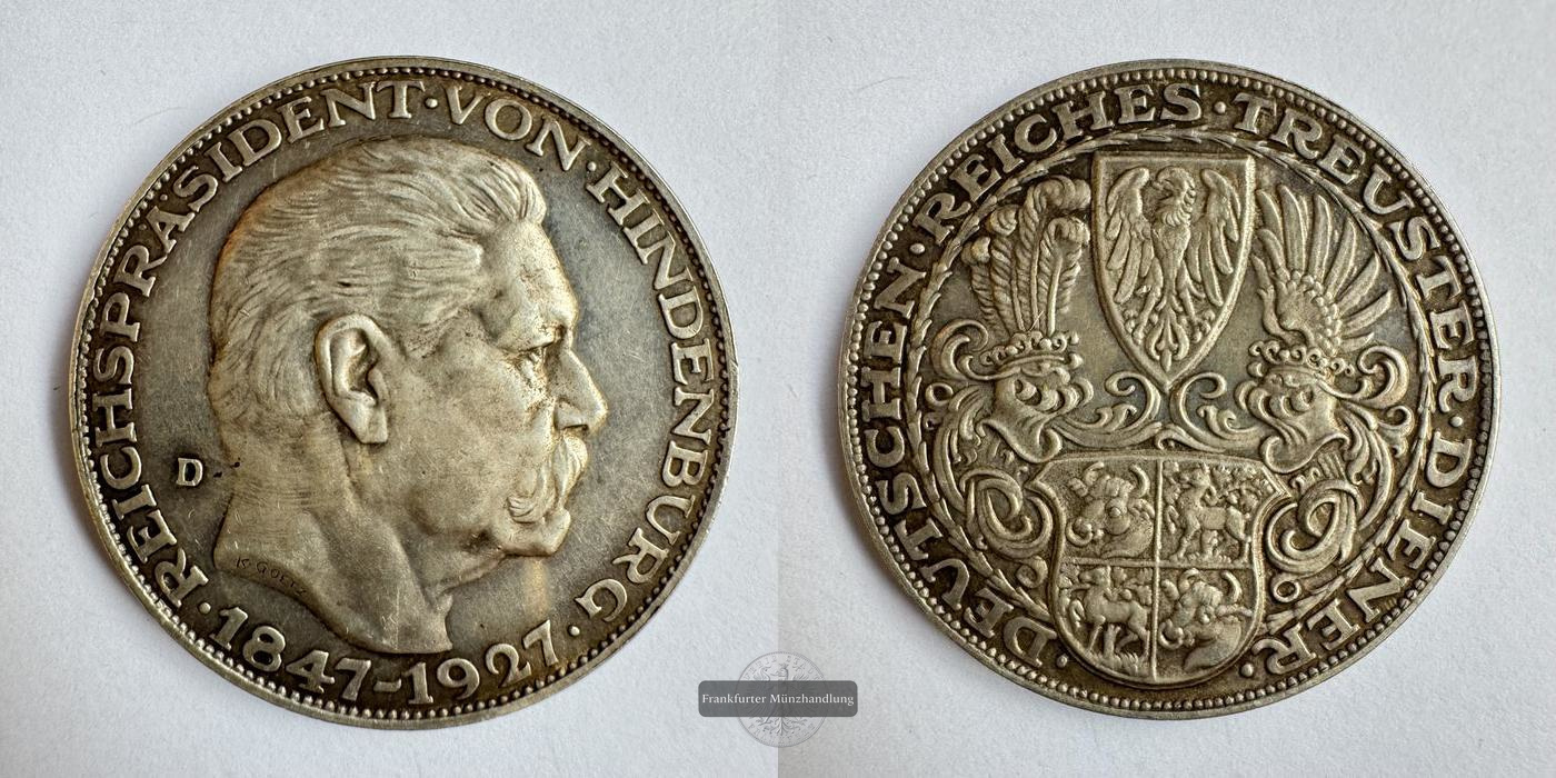  Weimarer Republik / Probe-5-Reichsmark (Paul von Hindenburg) 1927 FM-Frankfurt Feinsilber: 22,18g   