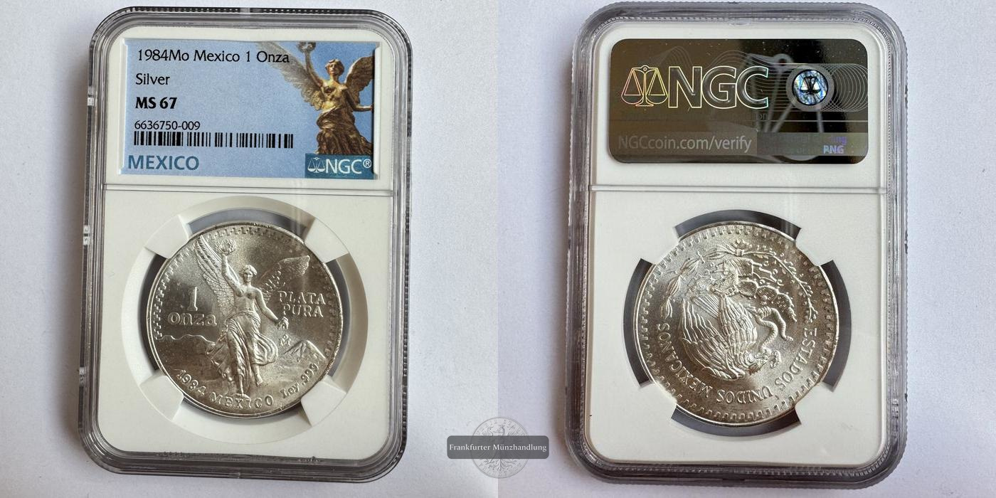  Mexico / 1 Onza Libertad Plata Pura 1984 NGC Graded MS 67 FM-Frankfurt KM#494.1 Feinsilber: 31,1g   