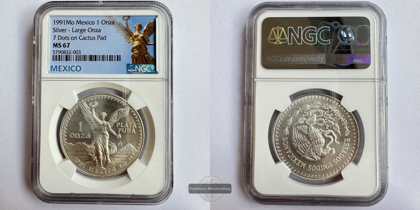  Mexico / 1 Onza Libertad Plata Pura 1991 NGC Graded MS 67 FM-Frankfurt KM#494.2 Feinsilber: 31,1g   