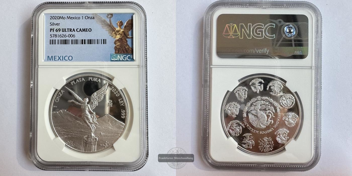  Mexico / 1 Onza Libertad Plata Pura 2020 PF 69 NGC Graded FM-Frankfurt KM#639 Feinsilber: 31,06g   