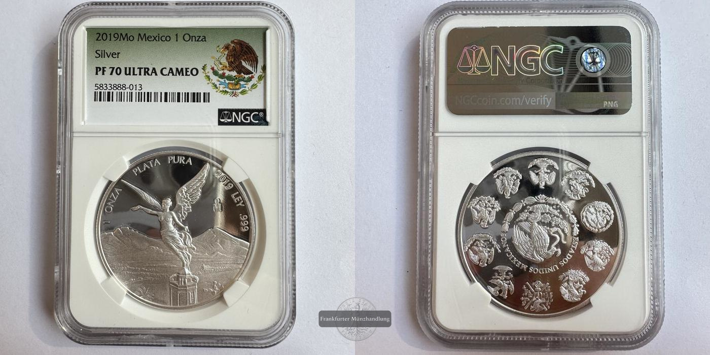  Mexico / 1 Onza Libertad Plata Pura 2019 PF 70 NGC Graded FM-Frankfurt KM#639 Feinsilber: 31,06g   
