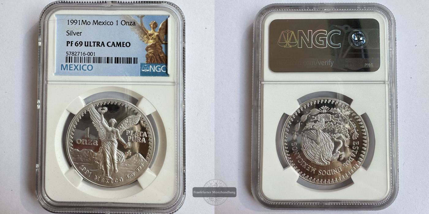  Mexico / 1 Onza Libertad Plata Pura 1991 PF 69 NGC Graded FM-Frankfurt KM#494 Feinsilber: 31,06g   