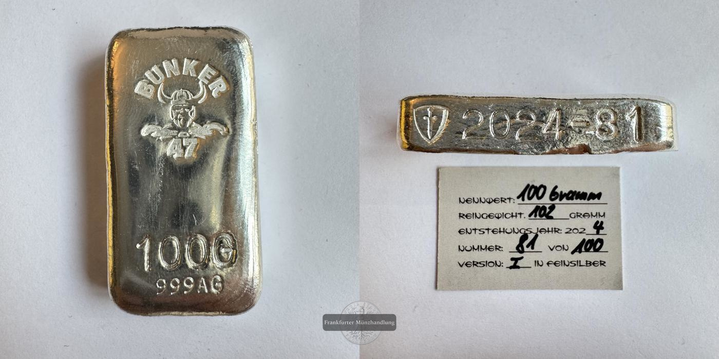  Deutschland / Bunker 47 100g Silberbarren 2024 FM-Frankfurt Feinsilber: 102g   