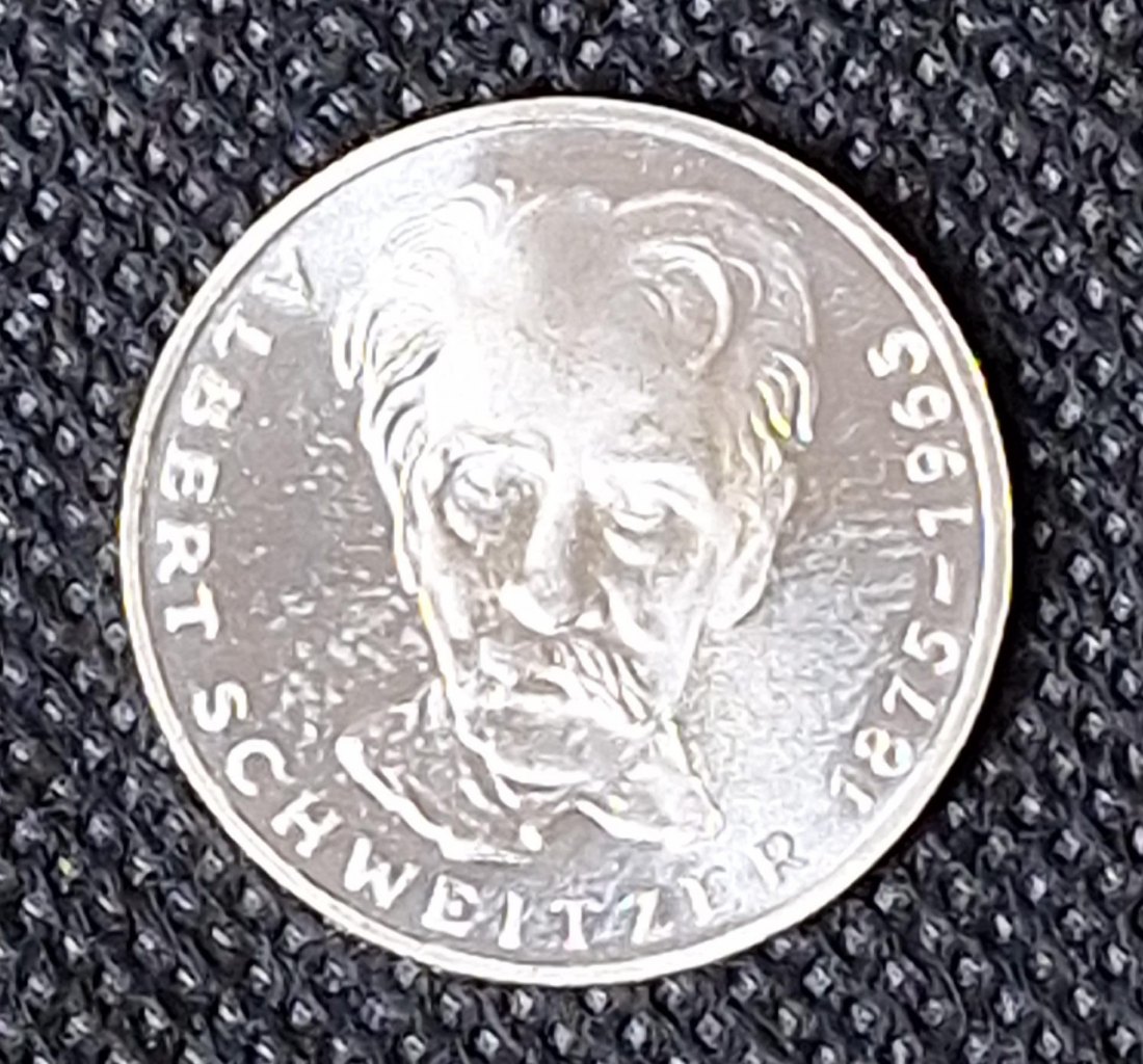  Silber Gedenkmünze BRD: 5 DM 1975 G, Albert Schweitzer, Feingewicht 7,0 Gramm Silber   