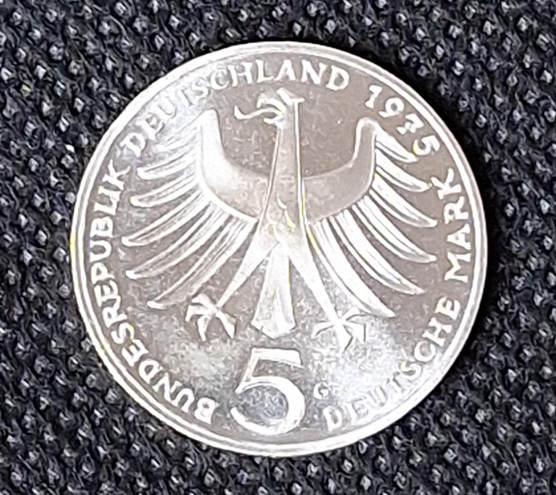 Silber Gedenkmünze BRD: 5 DM 1975 G, Albert Schweitzer, Feingewicht 7,0 Gramm Silber   