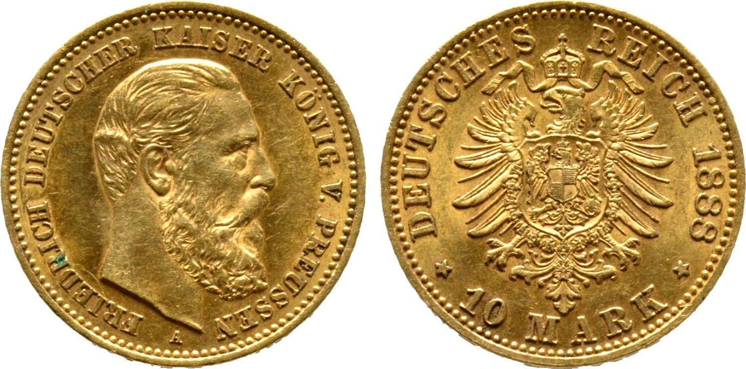  10 Mark Gold Münze Kaiser Friedrich III 1888 Jäger 247 VZ/Stglz   