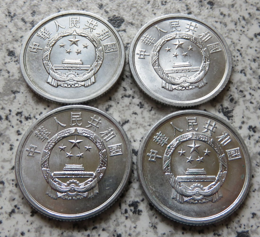  China 2 Fen 1962 - 1985, 4 verschiedene Jahrgänge   