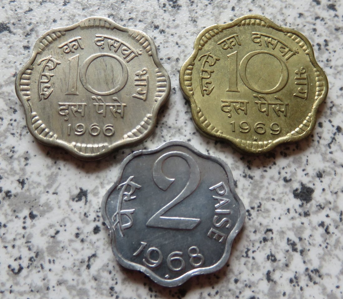  Indien 2 Paise 1968, 10 Paise 1966 und 1969   