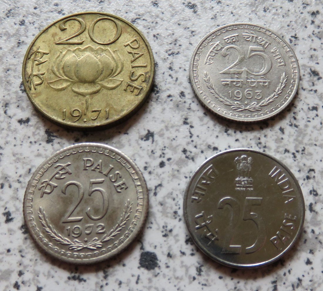  Indien 20 Paise 1971, 25 Paise 1963, 1972 und 1988   