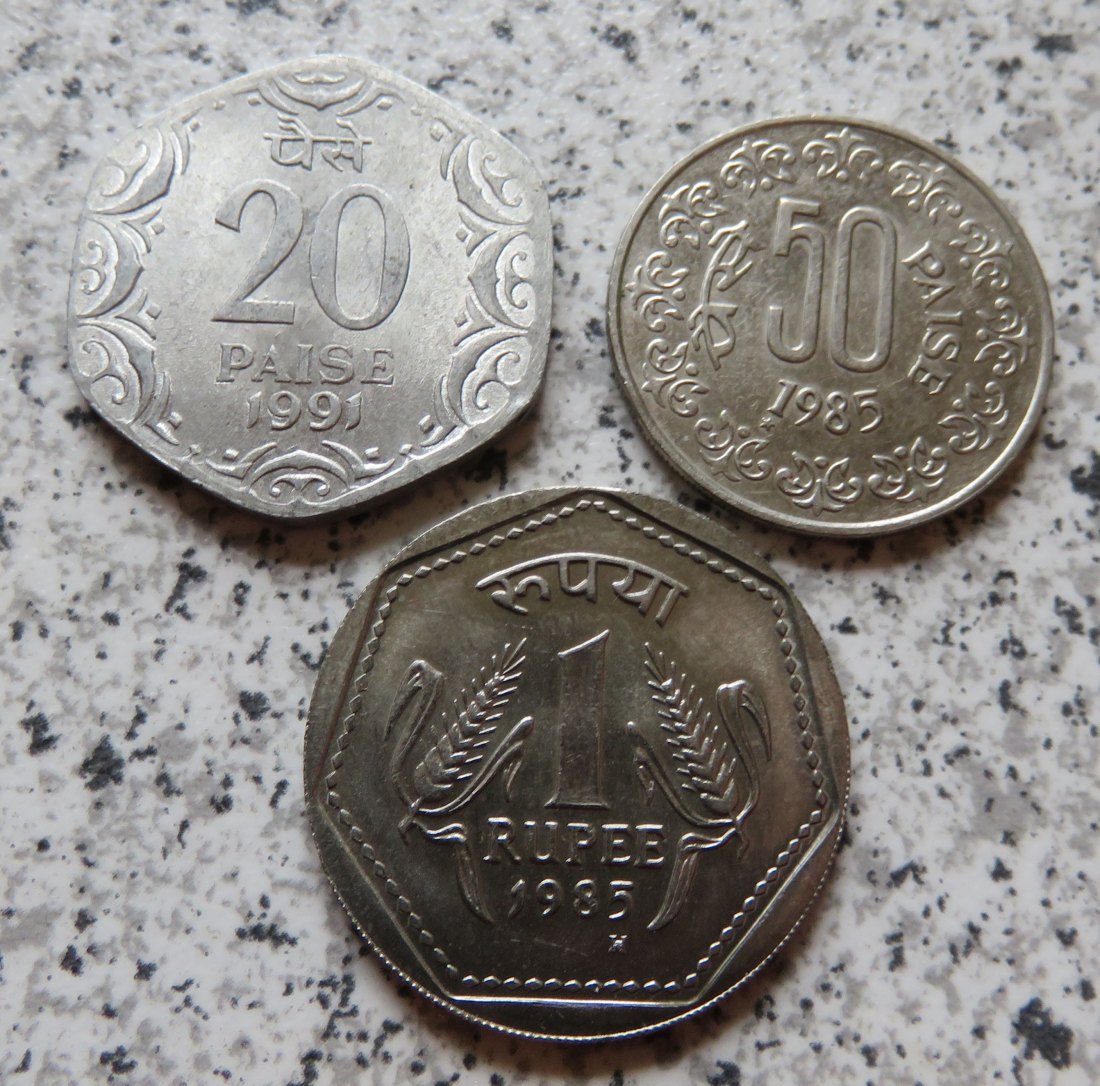  Indien 20 Paise 1991, 50 Paise 1985 und 1 Rupee 1985   